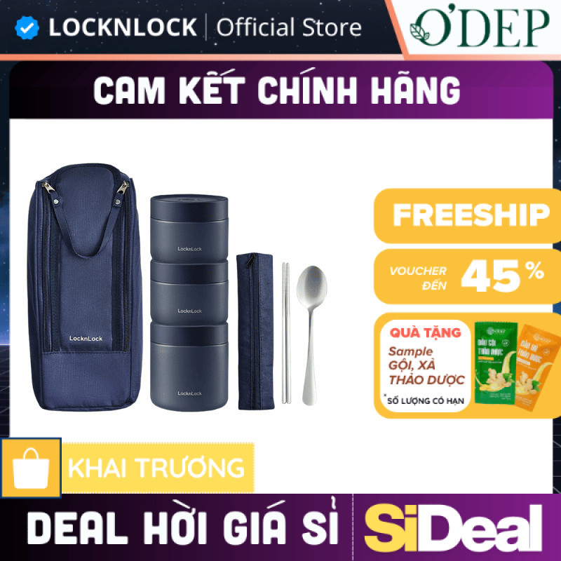 Hộp cơm giữ nhiệt văn phòng 1.1L LocknLock 3 ngăn LHC8052S01, kèm túi và muỗng đũa - SIDEAL SIA