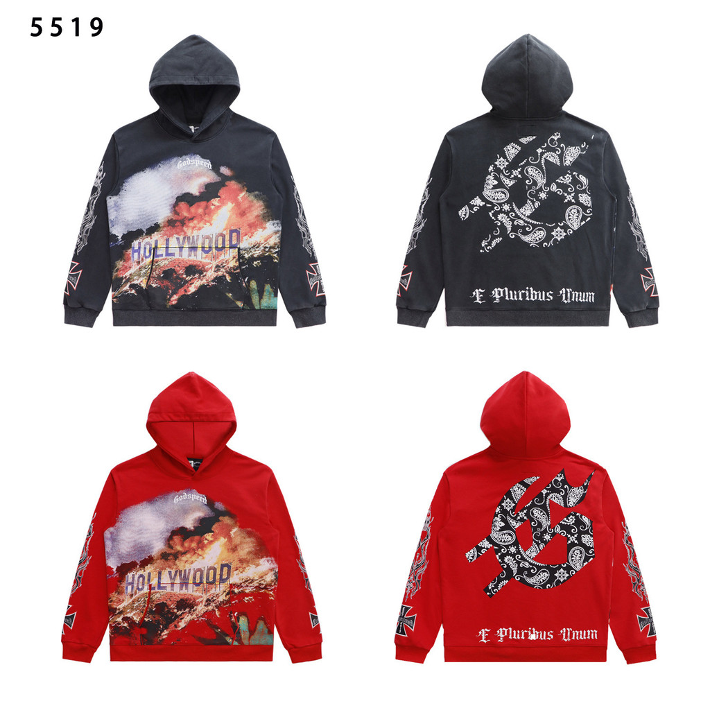 UBKB Godspeed Los Angeles Hollywood Fire Print Washed Vintage Hoodie Unisex