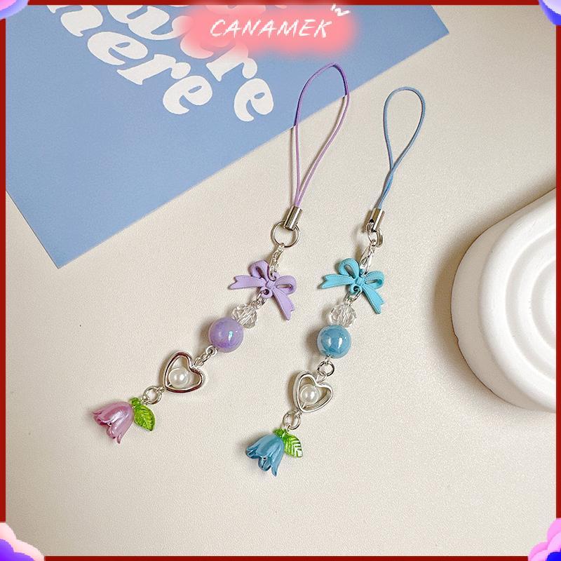 CANAMEK Nơ Lily Of The Valley Đính Hạt Dây Xích Điện Thoại Y2K Tươi Ngọt Móc Khóa Fower Mặt Dây Chuy
