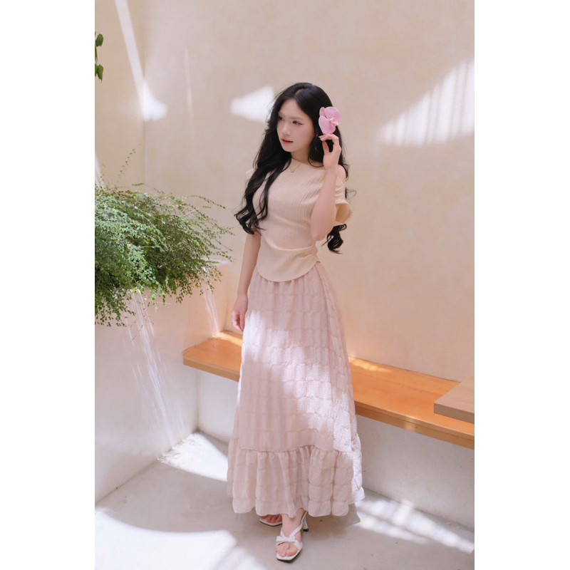 [Hoả Tốc HCM]  AGUJA Set áo lệch vai chân váy tiểu thư Minmy nude