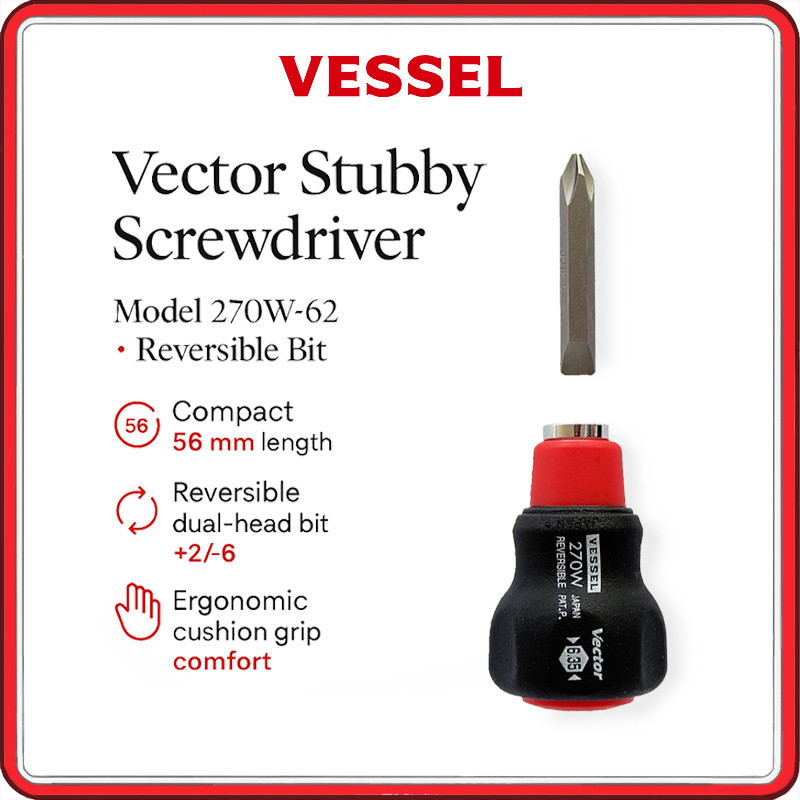 VESSEL Vector Stubby Screwdriver Set – Models 270W‑62 & 270BW‑62, Compact 56 mm Reversible Phillips 