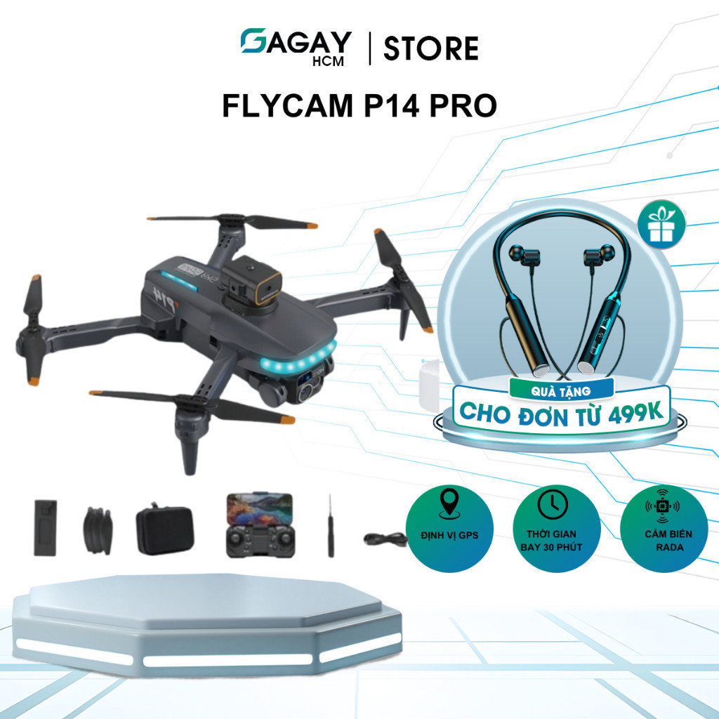 Flycam máy bay điều khiển từ xa Flycam mini P14 dung lượng pin 1800 mAh, camera kép góc rộng 120 độ 