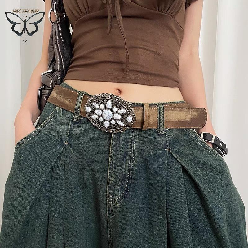 VÀNG Vintage Đá Trắng Bule Thắt Lưng Khắc Hoa Thắt Lưng Da Nổi Boho Thắt Lưng Phương Tây Quần Jean T