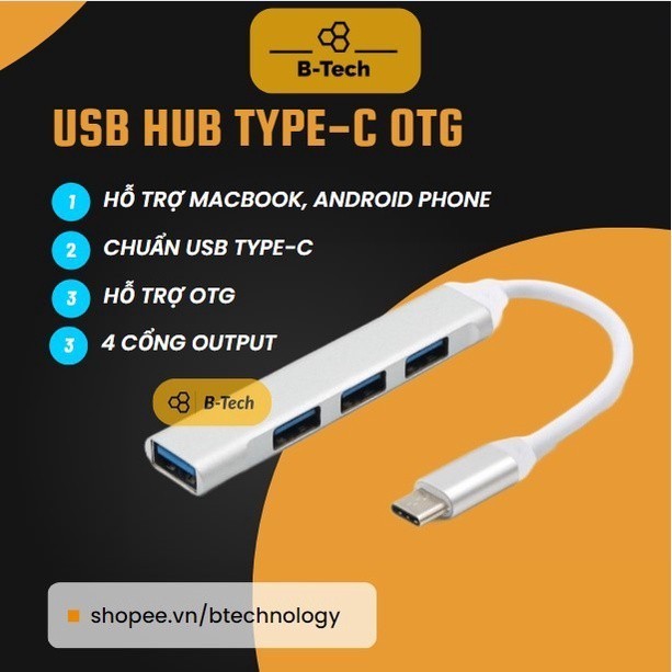 USB hub type C/A OTG USB 3.0 tốc độ cao B-Tech chia cổng usb, usb otg, mở rộng 4 cổng cho laptop PC 