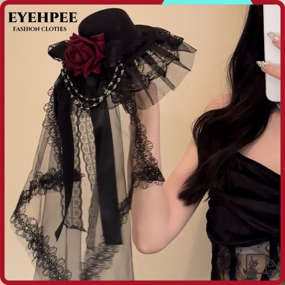 EYEHPEE Gothic Veil Rose Top Hat, Gothic Đậm Đen hoặc Trắng Mũ Gothic, Hoa Thanh Lịch Nơ Trang Trí Q