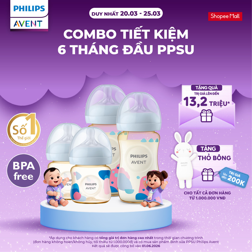 Combo tiết kiệm 6 tháng đầu PPSU - 4 Bình sữa mô phỏng tự nhiên PPSU Philips Avent 125ml & 260ml