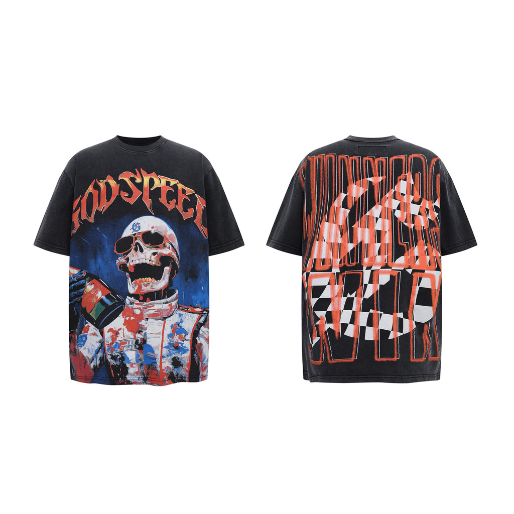 SYJM Godspeed American-style skull baseball graffiti print summer casual loose short-sleeve shirt fo