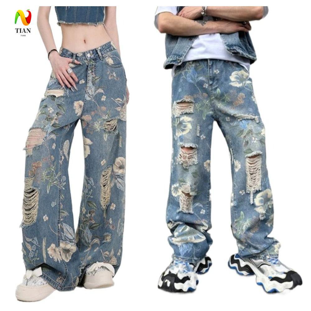 Quần Denim Thẳng Jean Baggy Style Y2K Rách Hoa, Phù Hợp Xuân Thu