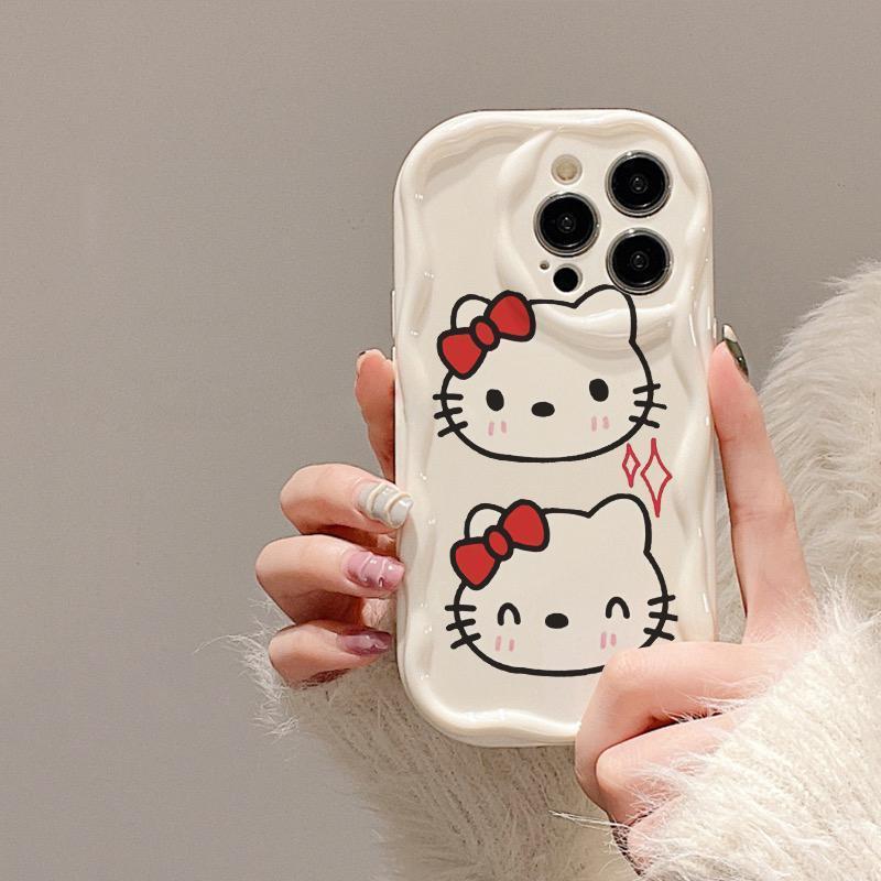 Ốp lưng OPPO A95 4G A11X A38 A6 Pro A16K A74 Hello Kitty Dễ Thương Viền Gợn Sóng Màu Kem Silicon Mềm