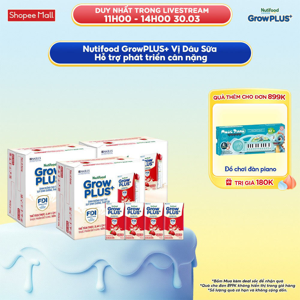 Combo 3 Thùng 24 hộp Sữa bột pha sẵn Nutifood GrowPLUS+ Vị Dâu Sữa hộp 110ml - Trên 1 tuổi