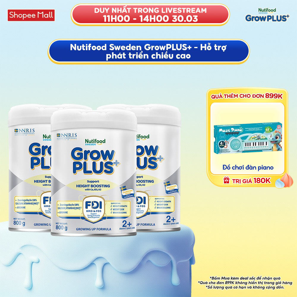 Combo 3 Sữa Bột Nutifood Sweden GrowPLUS+ Cao lớn vượt trội trên 2 tuổi (Bạc) 800g
