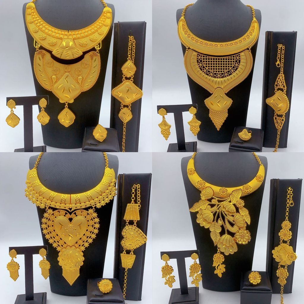24k Mạ Vàng Dubai Trang Sức Trang Sức Trung Đông Nữ Trang Sức Vòng Cổ Vòng Tay Bông Tai Nhẫn Bộ Tran