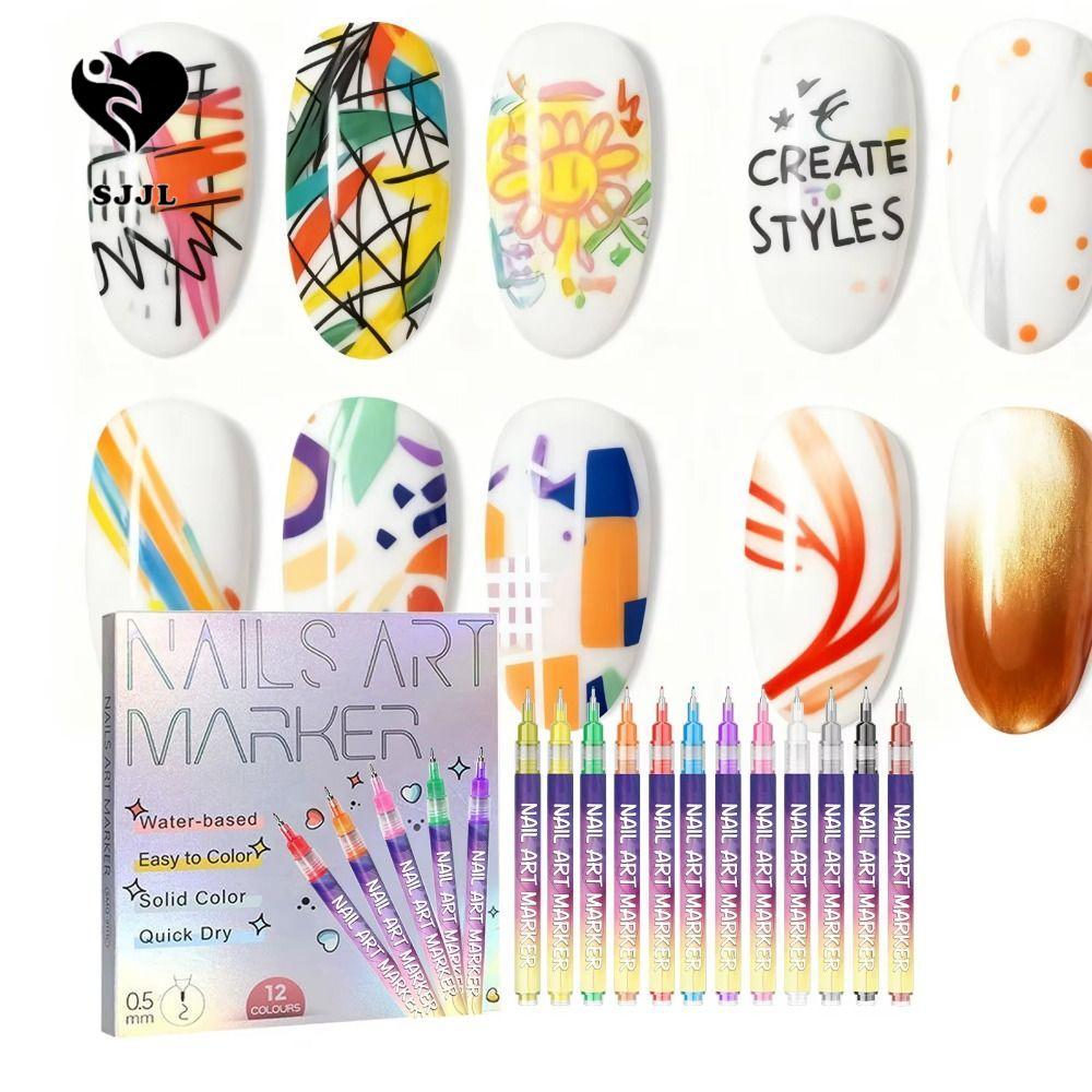 SJJL 3D Nail Art Pens DIY Set, Chống trừu tượng DIY Nail Art Nail Marker, Precision Portable 12 màu 
