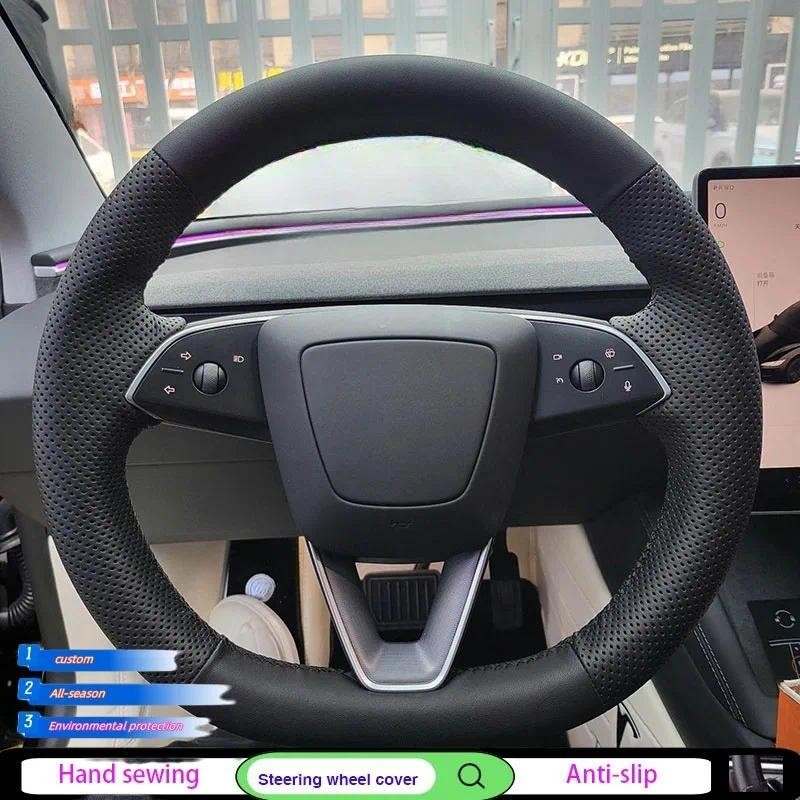 Tùy Chỉnh Tay Khâu Đen Microfiber Da Chống Trơn Trượt Thoáng Khí Ô Tô Vô Lăng Dành Cho Xe Tesla Mode