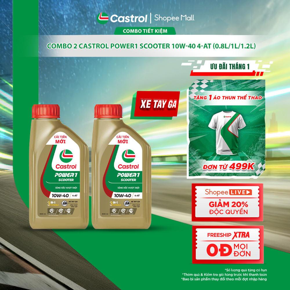 [BST Bác tài công nghệ] COMBO 2 Dầu nhớt xe tay ga Castrol POWER1 SCOOTER 10W-40 4-AT (0.8L/1L/1.2L)