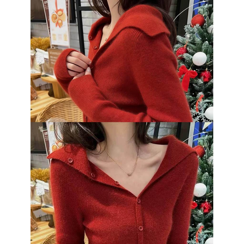 áo croptop len tăm áo croptop len tay dài Mùa Thu Đông Cardigan Dệt Kim Màu Đỏ Phong Cách Pháp, Form