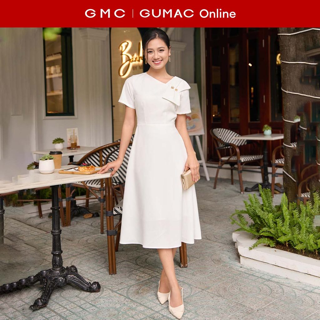 [MUA 2 GIẢM 25K] Đầm nữ form A cổ xéo một bên đính nơ trang trí đầm có hai túi sườn thời trang GUMAC