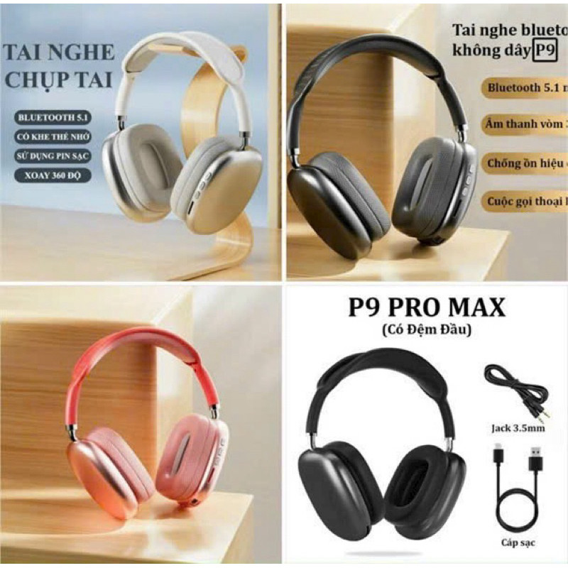 Tai Nghe Bluetooth Chụp Tai P9 Pro Max Âm Thanh Vòm, Chống Ồn, Có Mic, Pin Trâu, Kết Nối 3.5mm & Khô