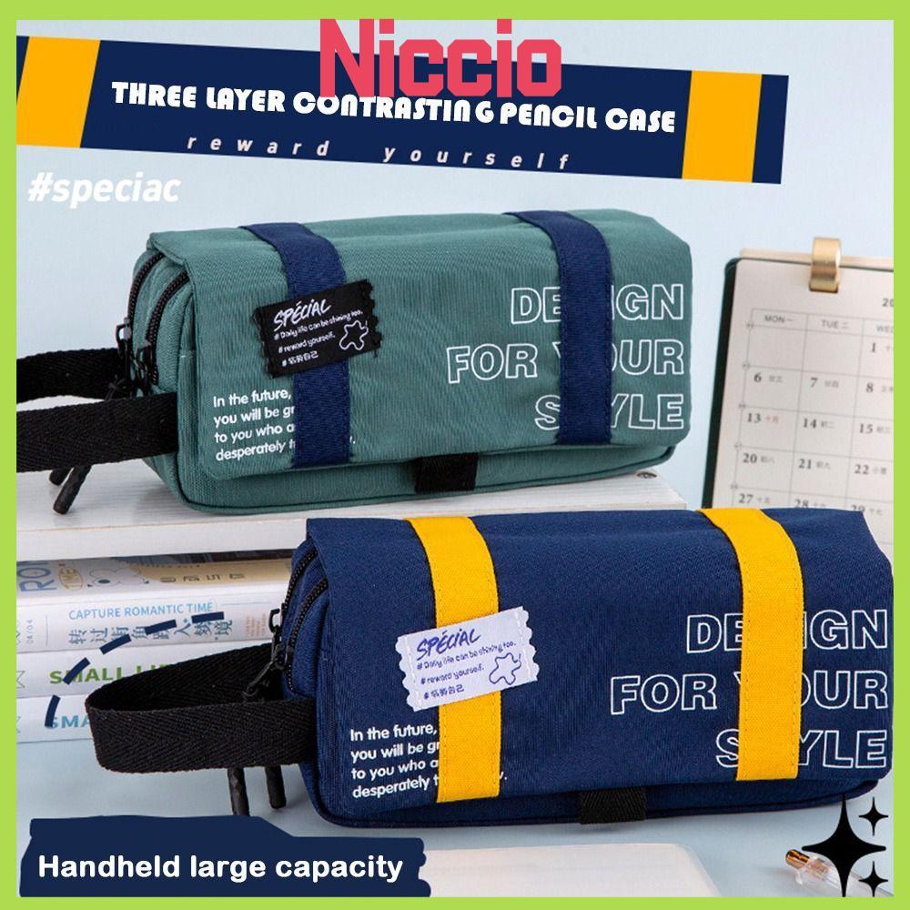 Bút Chì NICIO, Túi Đựng Bút 3 Lớp In Chữ, Bút Dung Tích Lớn Di Động Chống Bụi Bẩn Bền Đẹp Học Sinh