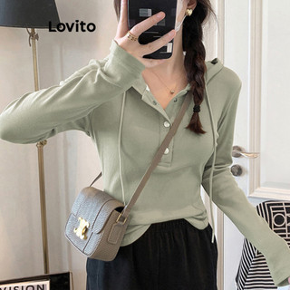 Lovito Áo thun thông thường Nút trơn Áo thun ren phía trước dành cho nữ LNE29118 (Kaki / Trắng / Đen)