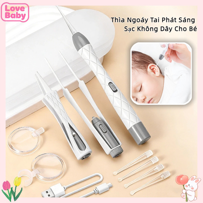 Thìa Ngoáy Tai Phát Sáng Sạc Không Dây Cho Bé-Kính Lúp,Đầu Silicon - Vệ Sinh Tai An Toàn, Không Đau