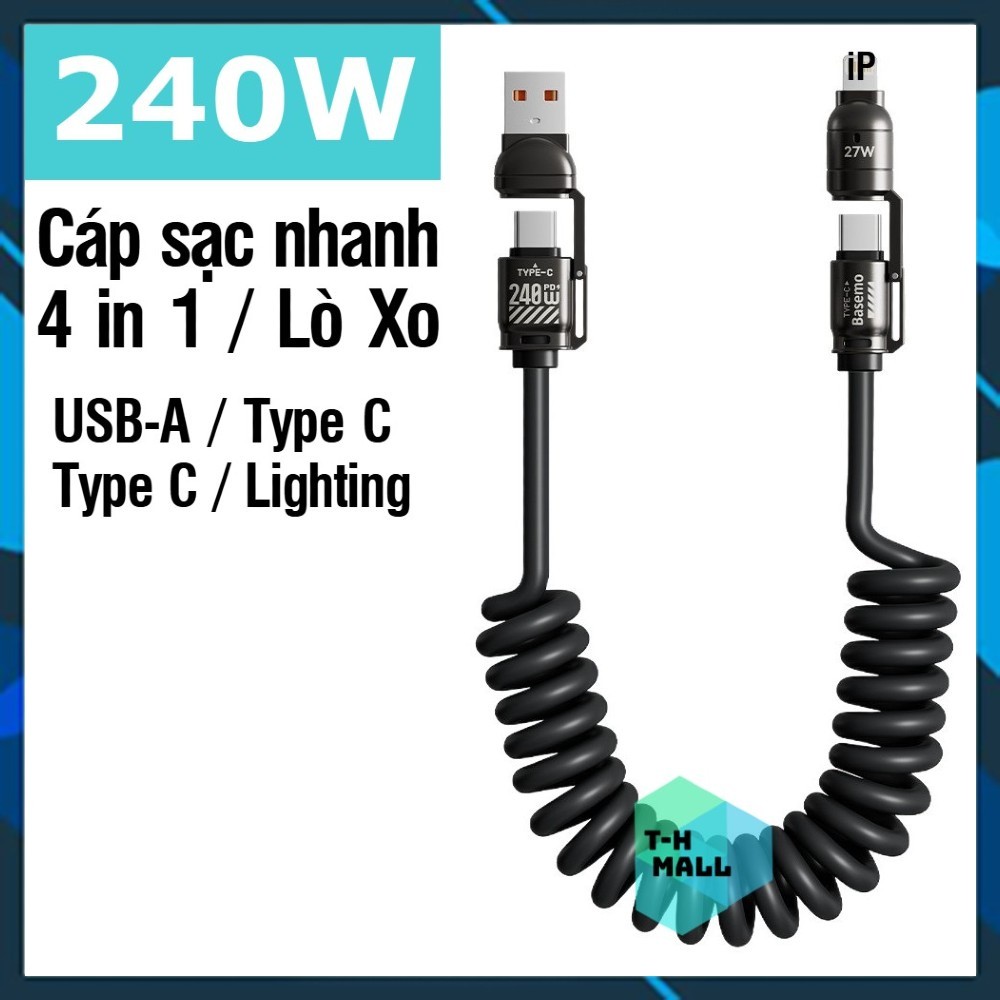 Cáp Sạc Lò Xo Đa Năng Sạc Nhanh 240W Cáp Sạc Nhanh 4 IN 1 Chống Rối 240W 65W cho điện thoại laptop ô