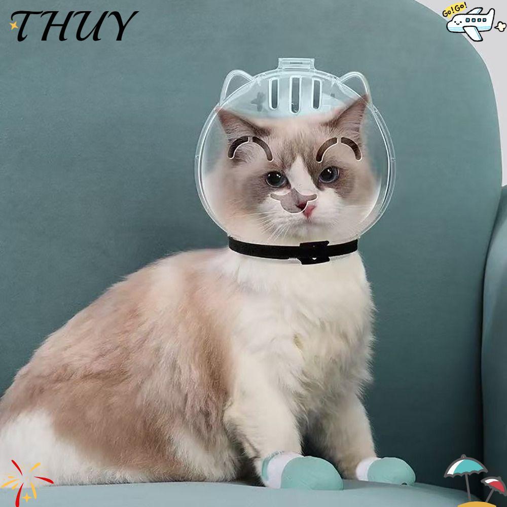 THUY Mõm mèo thoáng khí, Mũ trùm đầu không gian chống trầy xước trong suốt, Phụ kiện chải lông cho mèo chống dính Mũ bảo hiểm che mèo chống cắn
