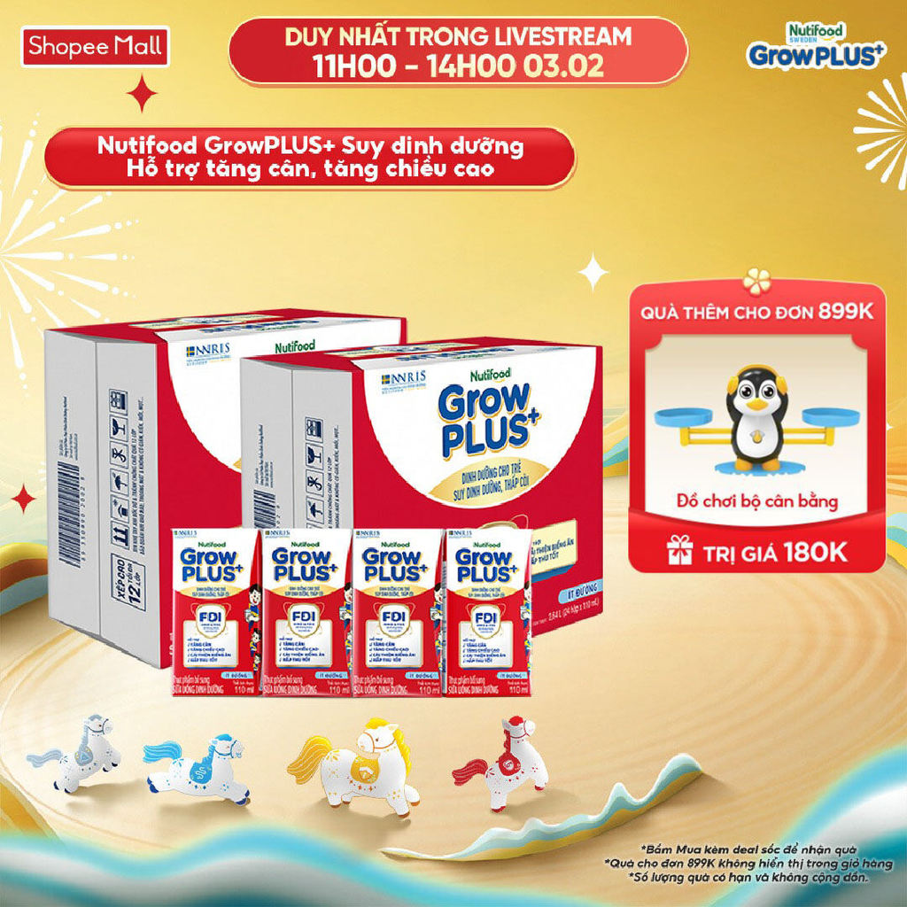 Combo 2 Thùng 24 SBPS Nutifood GrowPLUS+ Suy Dinh Dưỡng Ít đường 110ml - Tăng Cân, Tăng Chiều Cao (B