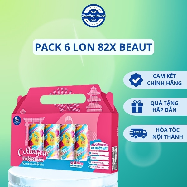 Pack 6 Lon Thực Phẩm Giải khát Bổ Sung Collagen 82X Beaut Vị Ổi Hồng (245ml/lon)