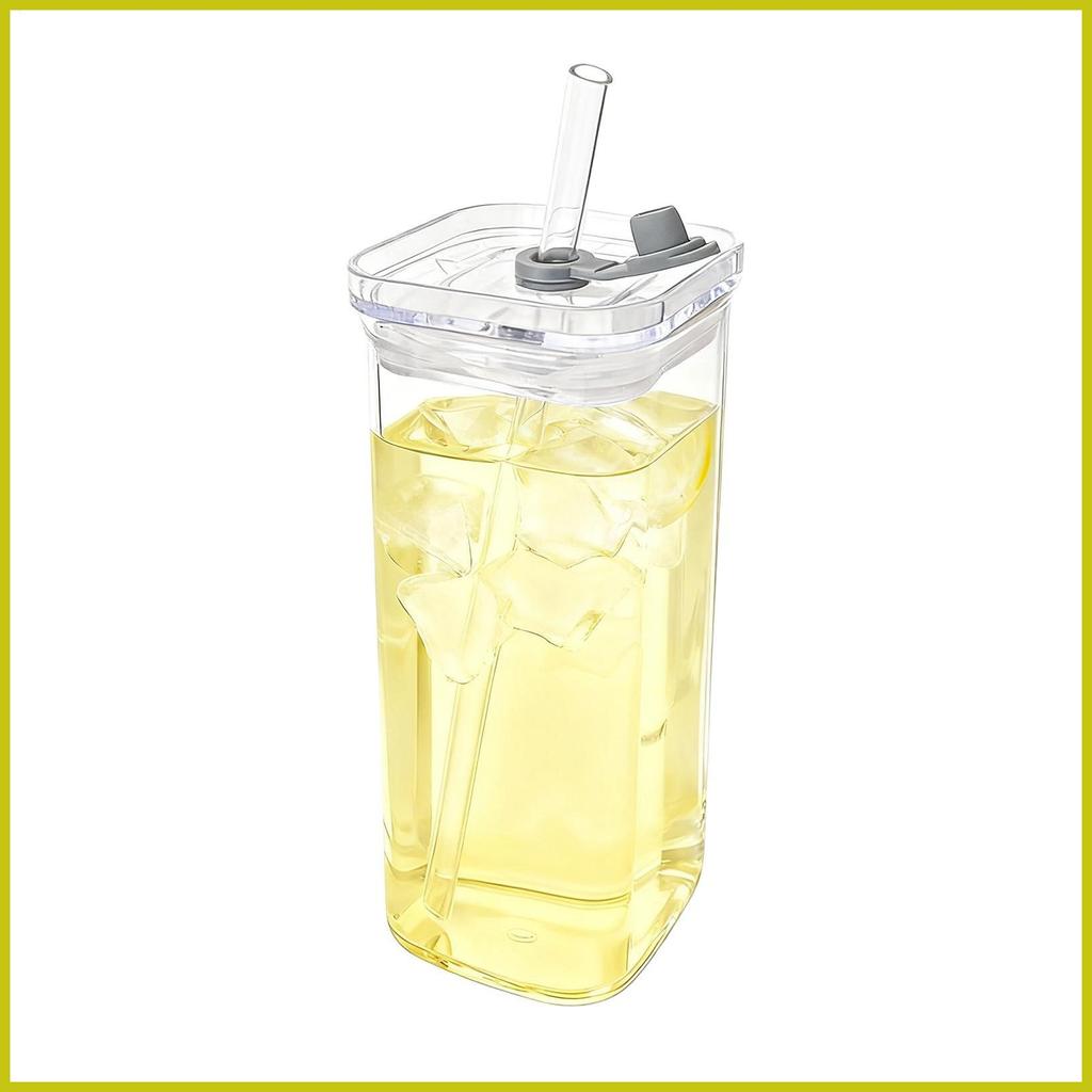 Square Glass Cups Square Drinking Glassware with Lid and Straws Spill-Proof Beverage Cup for Coffee 