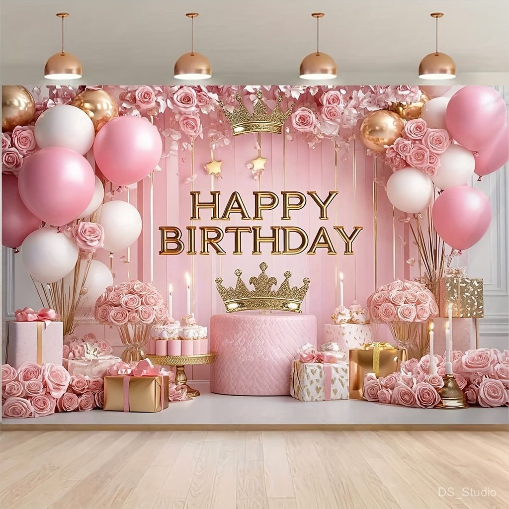 1 Nền Sinh Nhật Màu Hồng Và Vàng 2D Phẳng Với Dấu Hiệu Vui Vẻ Bóng Bay & Hoa Hồng-Pastel Balloon Arc