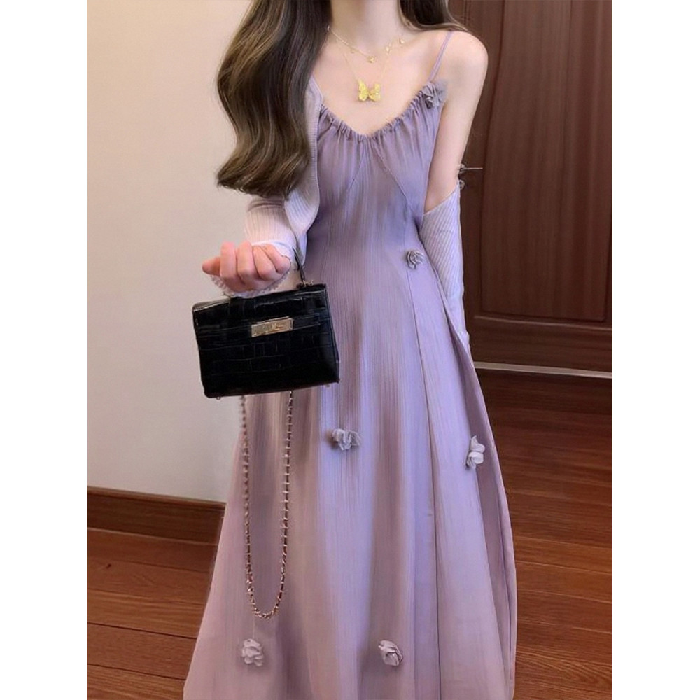 Mùa Xuân Mùa Hè Phong Cách Mới Màu Tím Thanh Lịch Cao Cấp Phù Hợp Với Ba Chiều Hoa Sling Đầm Slim fi
