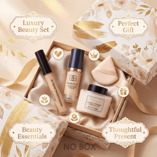 Matte Finish Face Makeup Bundle 4 trong 1 Smoothing Primer, Liquid Foundation, Setting Powder & Puff - Kiểm soát dầu lâu trôi (Chỉ có mặt hàng, Không có hộp quà)