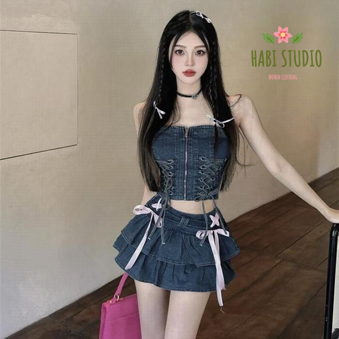 [Pre-Order] Set Áo Jean Cúp Ngực Croptop Phối Chân Váy Jean Ngắn Nhiều Tầng Sexy Cá Tính