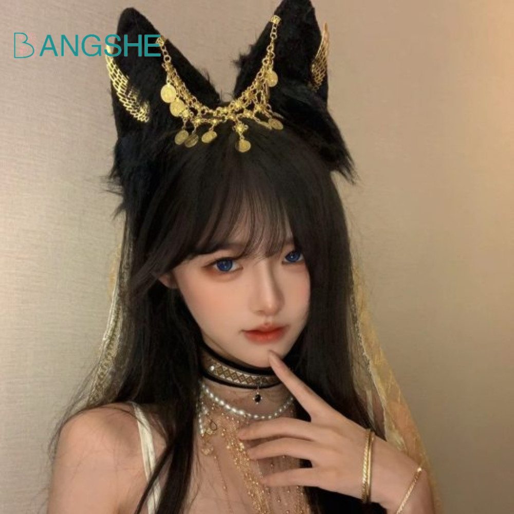 Băng đô BANGSHE Cosplay Anubis, Băng đô tai động vật tua rua sang trọng, Đôi cánh vàng Gothic tinh t