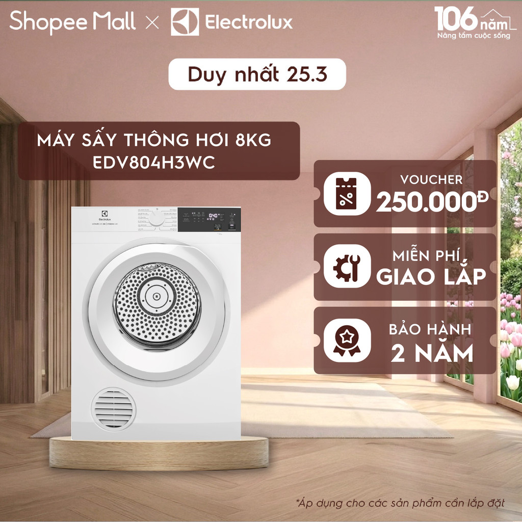 Free giao lắp - Máy sấy thông hơi 8KG Electrolux EDV804H3WC - sấy đảo chiều chống nhăn, diệt khuẩn, bền màu