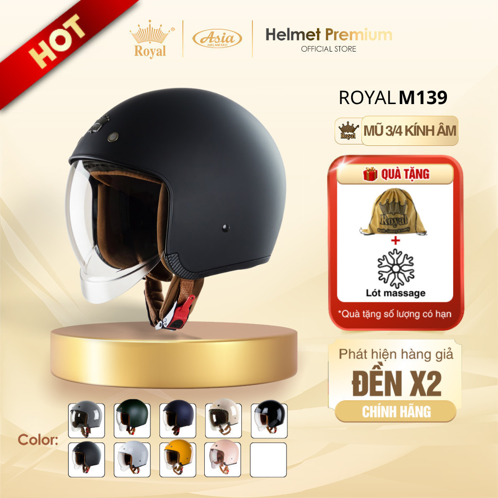 Mũ Bảo Hiểm 3/4 Royal M139 Kính Âm, Nón Bảo Hiểm Chống Nắng Cho Nam Nữ, An Toàn, Bảo hành 12 Tháng