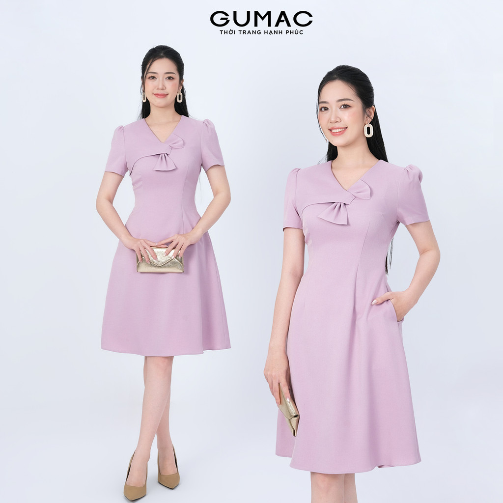 [NEW] Đầm nữ form A Cổ mở V kiểu phối nơ tay ngắn thời trang GUMAC LDF1106