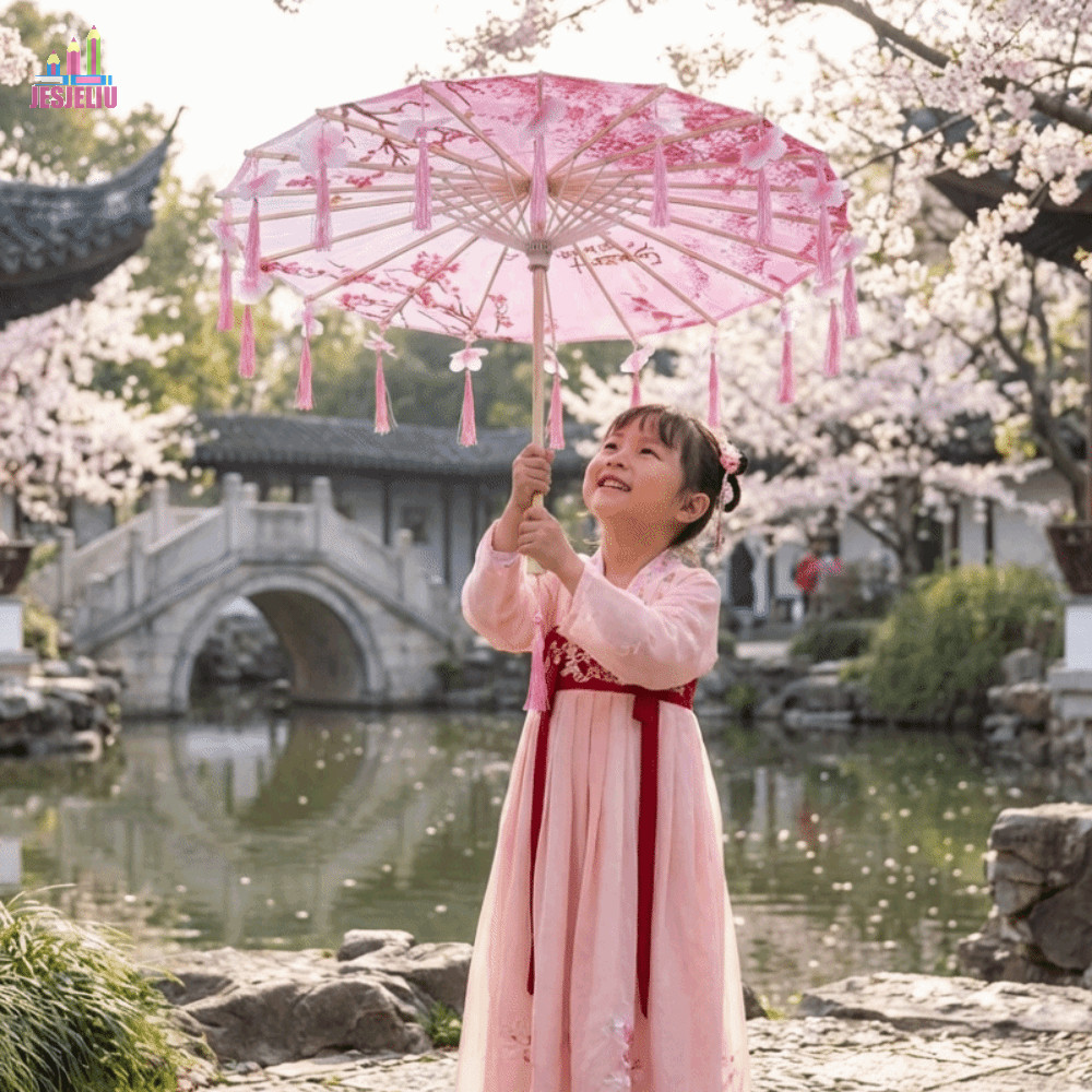 Ô Tua Rua Vải JESJELIU, Ô Cổ Trung Quốc 56cm Phong Cách Trung Quốc, Ô Tua Rua Chống Mưa Trang Trí Cổ