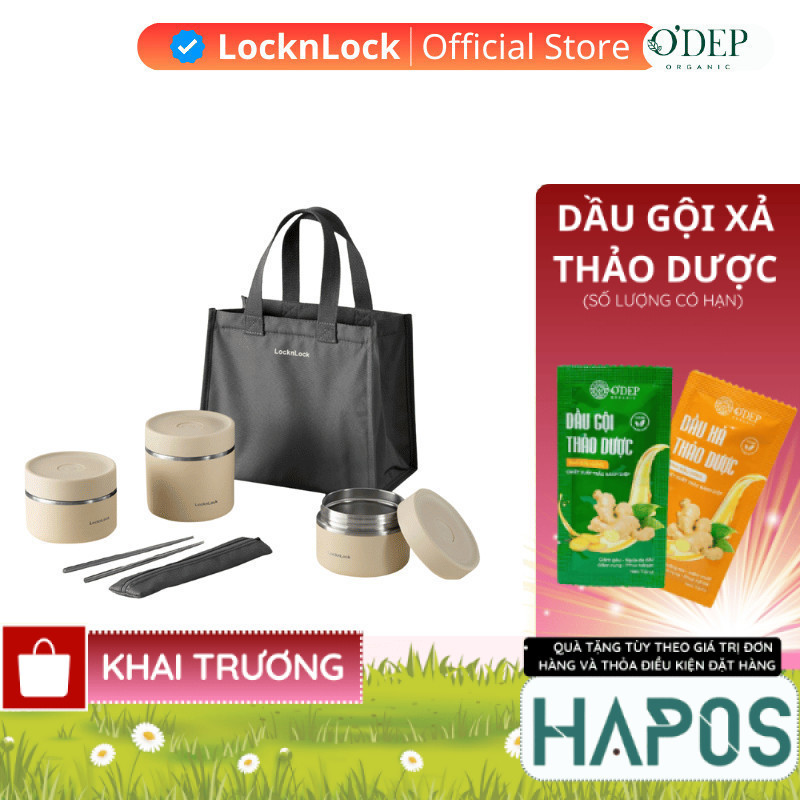 Túi hộp cơm giữ nhiệt LocknLock 3 ngăn 1.1L, Chính hãng, Kèm đũa muỗng inox Vacuum Lunch Box LHC8052