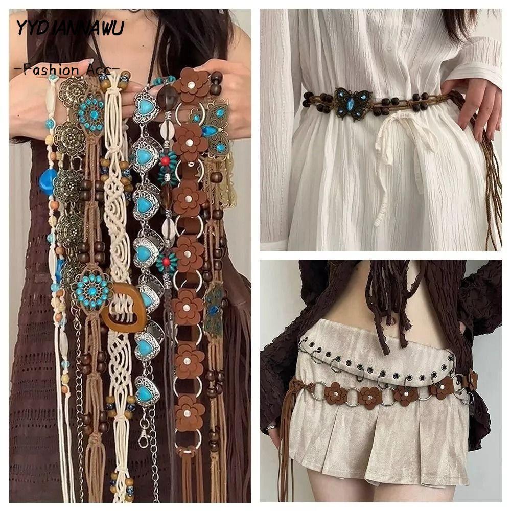 YYDIANNAWU Dây Thắt Lưng, Dây Hợp Kim Bohemian Thắt Lưng, Có Thể Điều Chỉnh Y2K Bướm Tua Rua Hoa Boh