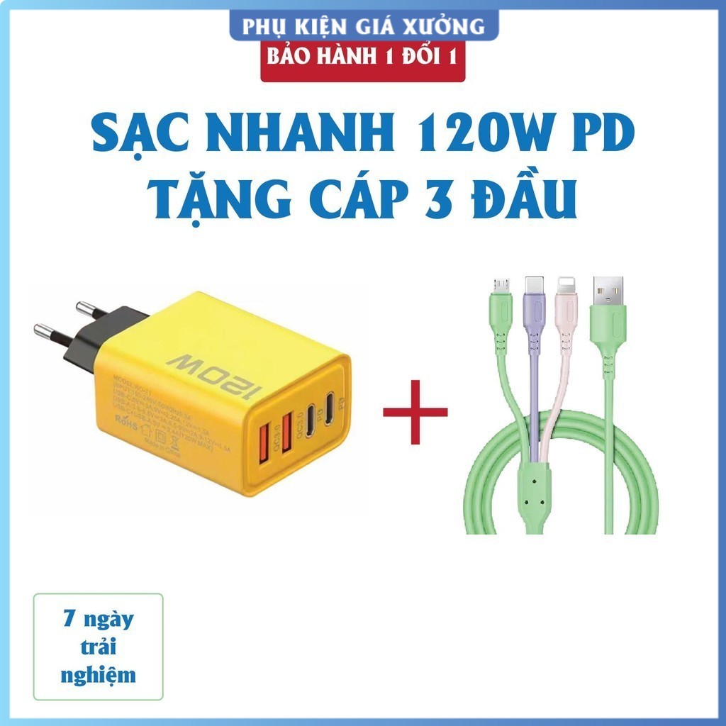 Cốc sạc 4 cổng, 120W: 2 cổng Type C + 2 cổng USB – Tặng cáp sạc nhanh 3 đầu – Củ sạc 120W, Cốc sạc 1
