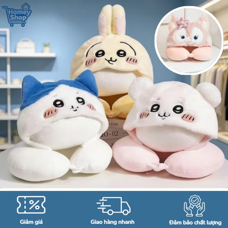 HomeyShop-Gối cổ chữ U có mũ hình Kitty,Mềm mại và ấm áp,Gối du lịch di động,Giấc ngủ ngon