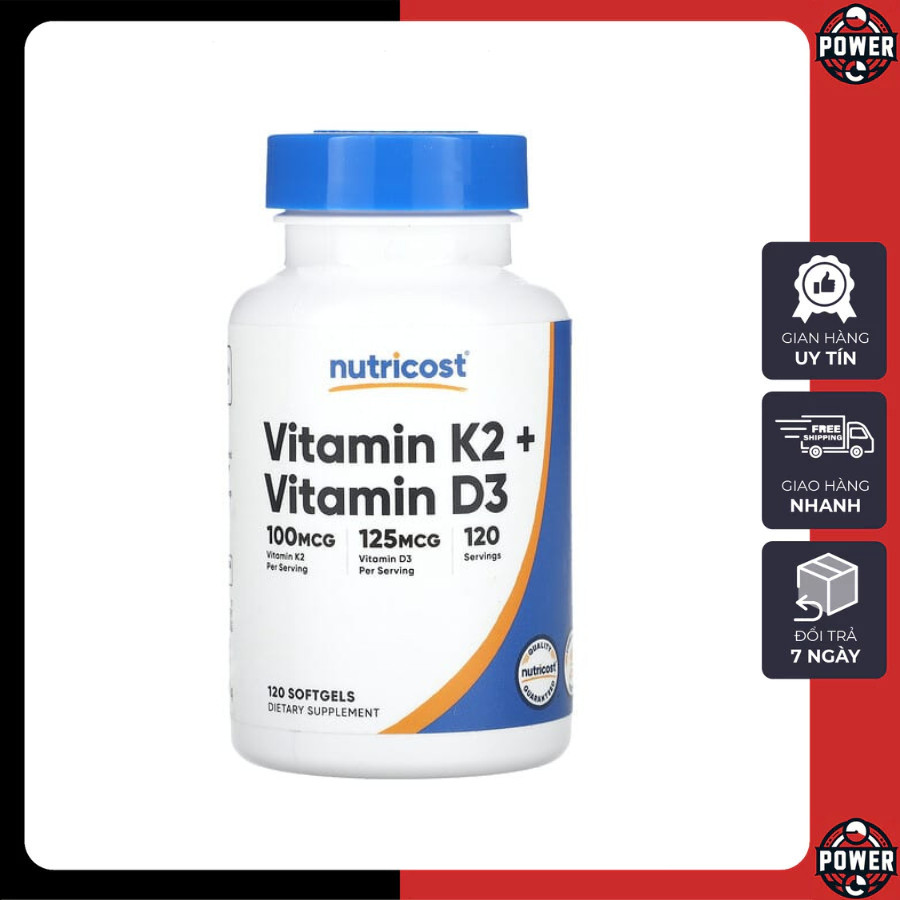[FreeShip] Vitamin D3 (5000 IU) + K2 (MK 7) (100mcg) Nutricost 120 viên nang