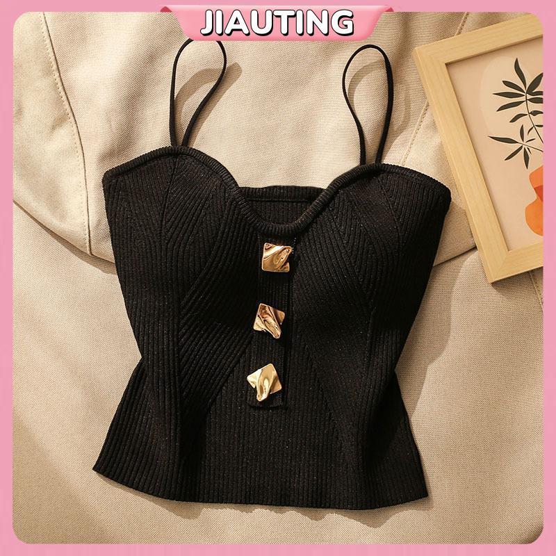 Jiauting Crop Top Không Tay Gân Đan Dây Spaghetti - Áo Tank Top Thời Trang