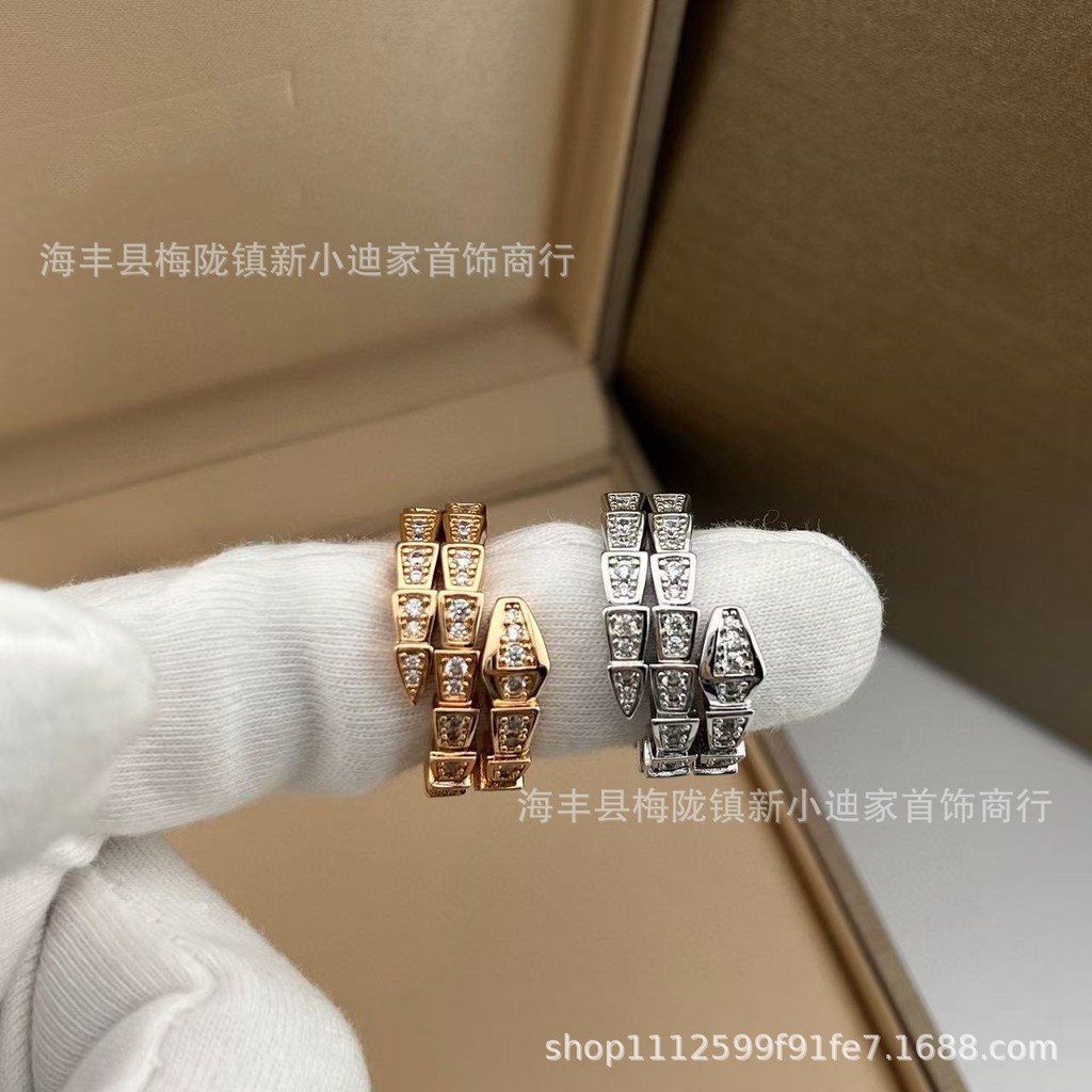 Full Diamond Snake Ring Snake Bone Couple Rings CNC Craft Snake-Shaped Women's Ring V Thick Gold Pla