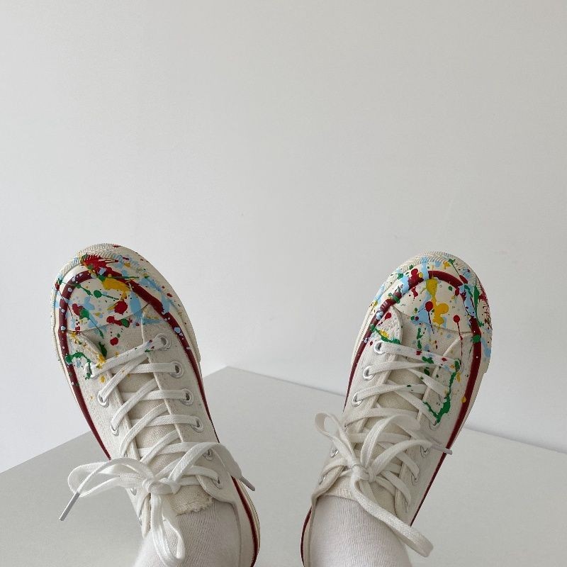 Little Yellow Peach Korea 1970s Giày Vải Vẽ Tay Bắn Mực Trắng Giày Macaron Màu Phù Hợp Cao Cấp