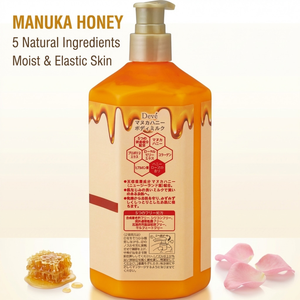 Manuka Honey Body Milk 500ml Pump | Honey & Rose Scent | 5-Free Formula | Made in Japan