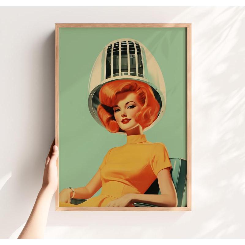 Retro Hair Salon Nghệ Thuật Treo Tường – 60 Vintage Woman Under Dryer Wash and Go Art Poster, Glam P