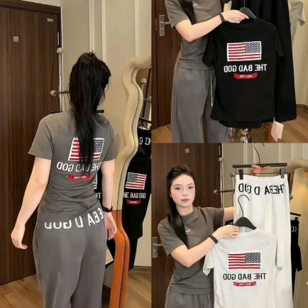 Set Áo Thun Zip Lá Cờ Zang Mix Quần Ống Suông Chất Cotton Thời Trang Nữ Cao Cấp NA144